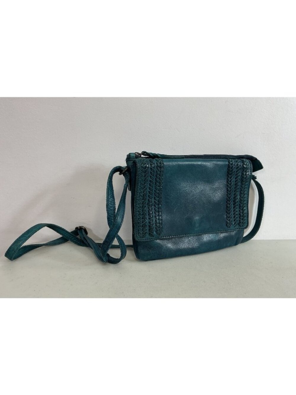 Vilenca Holland Blue Leather Crossbody Bag Woven Purse